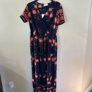 NEW Club L Navy and Orange Floral Faux Wrap Maxi Dress